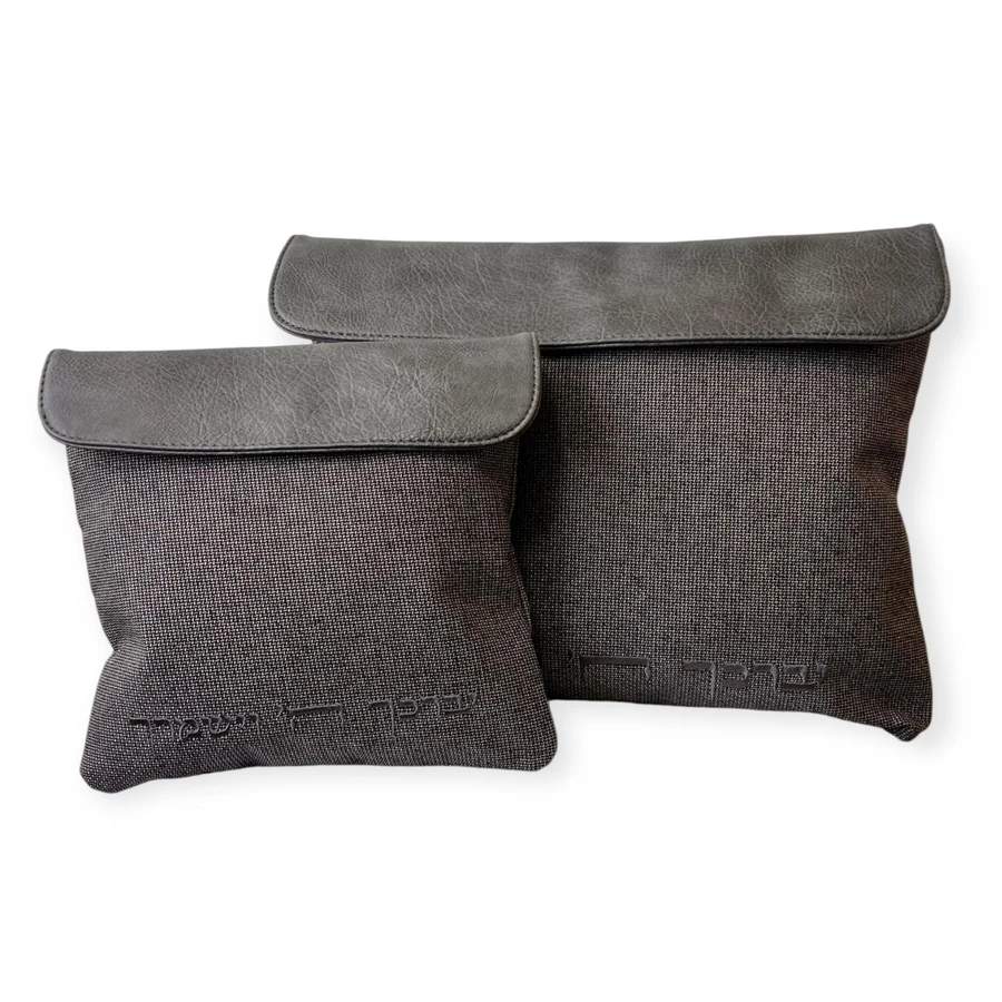 סט כיסויים לטלית ותפילין מבד פשתן בצבע אפור שחור